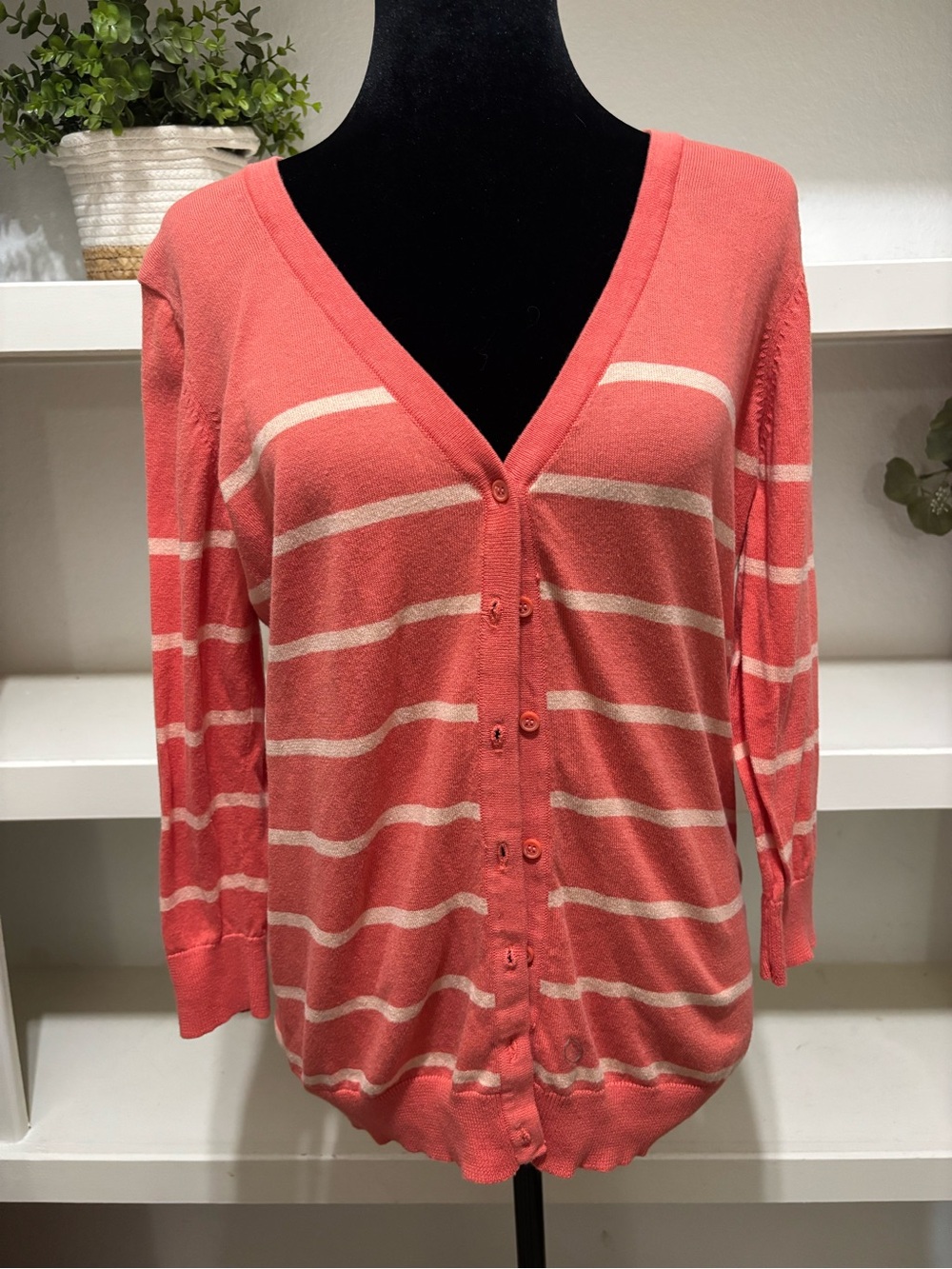 100% Cotton Coral Stripe V-Neck Button Cardigan Sweater